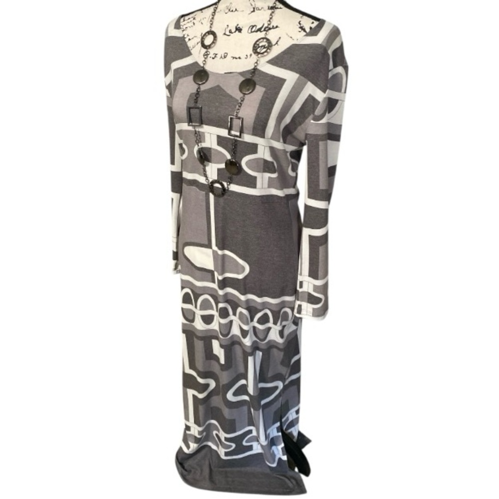 Paganne Gray & White Maxi Dress Sz L Geometric Pop Art Long Sleeve Body-con Chic